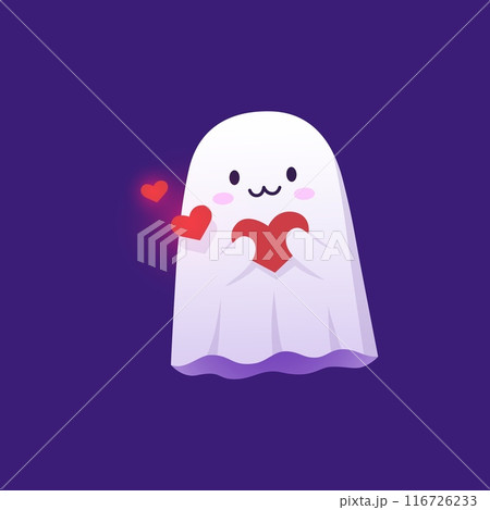 Halloween kawaii ghost character clutching a heart. Isolated cartoon vector charming baby spook express love emotion with a playful innocence, blending spooky with the adorable enchanting display 116726233