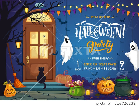 Halloween party flyer with door porch, pumpkins, scary ghosts and sweets bucket with black cat sit on stairs. Vector invitation poster for celebration trick or treat night with decorated holiday home Halloween party flyer with door porch, pumpkins, scary ghosts and sweets bucket with black cat sit on stairs. Vector invitation poster for celebration trick or treat night with decorated holiday home 116726238