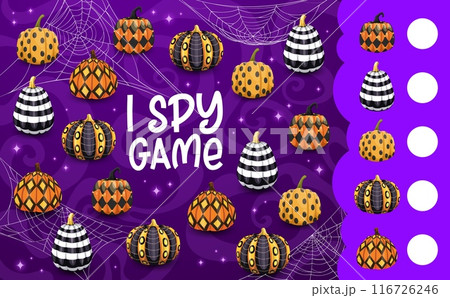 I spy game, cobweb with Halloween patterned pumpkins. Object finding kids playing activity, counting educational puzzle vector worksheet with ornate geometrical patterns pumpkins and spiderweb 116726246