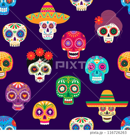Day of Dead mexican calavera skulls. Dia de Los Muertos seamless pattern. Mexican traditional holiday, carnival or festival background, fabric Day of Dead vector seamless print with Catarina skulls 116726263