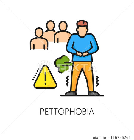 Phobia problem, mental health, pettophobia psychology anxiety outline color icon. People psychology, fear problem or phobia linear vector symbol. Pettophobia mental disorder line pictogram or sign Phobia problem, mental health, pettophobia psychology anxiety outline color icon. People psychology, fear problem or phobia linear vector symbol. Pettophobia mental disorder line pictogram or sign 116726266