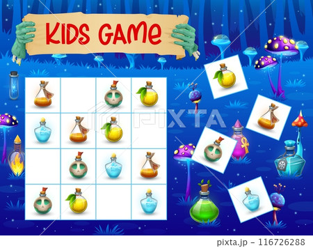 Halloween kids sudoku game, potion bottles in fairytale forest vector puzzle quiz. Halloween worksheet with cartoon witch magic poison flasks or elixir vials in sudoku game puzzle square blocks 116726288