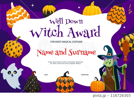 Halloween witch diploma with patterned pumpkins, funny ghost and witch character with broom. Vector gift certificate for the most magical costume with cartoon personages. Kids award frame template 116726303