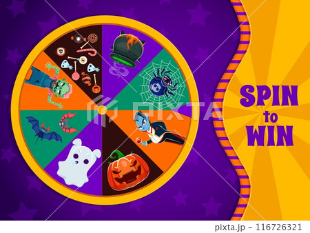 Halloween spin, fortune wheel and holiday roulette game with monsters, vector background. Halloween holiday trick or treat win game roulette with boo ghost, spooky zombie, pumpkin and witch cauldron 116726321