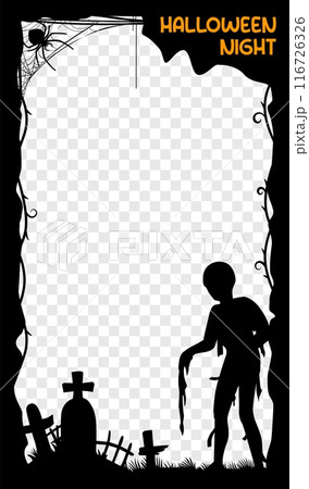 Halloween social media post frame template. Vector spooky rectangular vertical border, with zombie, cemetery tombs, creepy spiders and lianas black silhouettes, create a festive and engaging design 116726326
