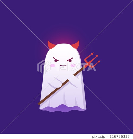 Halloween kawaii ghost character wearing red devil horns completed with pitchfork, for a whimsical party look. Cartoon cute vector baby spook combining funny elements for a charming and unique costume Halloween kawaii ghost character wearing red devil horns completed with pitchfork, for a whimsical party look. Cartoon cute vector baby spook combining funny elements for a charming and unique costume 116726335