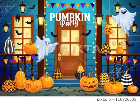 Halloween pumpkin party on holiday door porch with scary ghost characters and bats. Halloween holiday rural house porch vector wallpaper with ghosts, stripped pumpkin Jack o lanterns and spider web Halloween pumpkin party on holiday door porch with scary ghost characters and bats. Halloween holiday rural house porch vector wallpaper with ghosts, stripped pumpkin Jack o lanterns and spider web 116726339