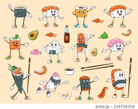 Cartoon retro groovy Japanese sushi and roll characters, vector funky personages. Hippie groovy happy sushi with chopsticks, wasabi and soy sauce, shrimp and octopus, 70s retro groovie Japanese food Cartoon retro groovy Japanese sushi and roll characters, vector funky personages. Hippie groovy happy sushi with chopsticks, wasabi and soy sauce, shrimp and octopus, 70s retro groovie Japanese food 116726358