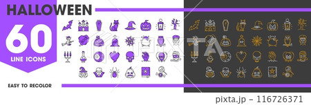 Halloween line icons of horror night holiday with monsters and pumpkins, vector symbols. Halloween trick or treat boo ghosts, witch on broom and zombie hand with skull and spider or horror candies Halloween line icons of horror night holiday with monsters and pumpkins, vector symbols. Halloween trick or treat boo ghosts, witch on broom and zombie hand with skull and spider or horror candies 116726371