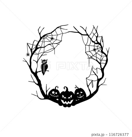 Halloween grunge black frame with eerie pumpkins, owl and cobwebs on tree branches, Isolated vector decorative border or vignette, encapsulate the spooky spirit of the season, and chilling delights Halloween grunge black frame with eerie pumpkins, owl and cobwebs on tree branches, Isolated vector decorative border or vignette, encapsulate the spooky spirit of the season, and chilling delights 116726377
