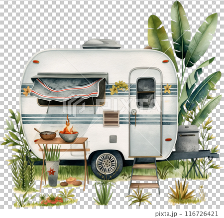 watercolor illustration of a camper van 116726421
