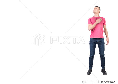 Serious man with hand on chest. White background 116726482