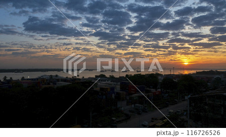 Golden sky sunrise dramatic beautiful landscape view. Dawn sky gold dusk time cloudscape with sunlight. Dramatic sunset scenic landscape. Beautiful landscape sunshine nature 116726526