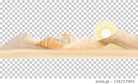 Dawn in desert landscape with sand dunes watercolor illustration isolated on white background. Monochrome sunrise sketch in beige and yellow colors. Panoramic horizontal clipart Dawn in desert landscape with sand dunes watercolor illustration isolated on white background. Monochrome sunrise sketch in beige and yellow colors. Panoramic horizontal clipart 116727003