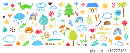 Cute kid flower, cloud, summer illustration. Hand drawn doodle sketch children cute vector school chalk background. Kids doodle crayon style line flower, cloud doodle pattern. Vector 116727163