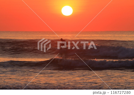 宮崎お倉ヶ浜の海で朝日に見守られて波に乗るサーファー 116727280
