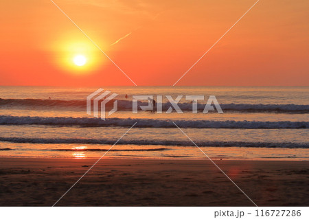 朝日が輝く宮崎お倉ヶ浜の海で波乗りを楽しむサーファー 朝日が輝く宮崎お倉ヶ浜の海で波乗りを楽しむサーファー 116727286