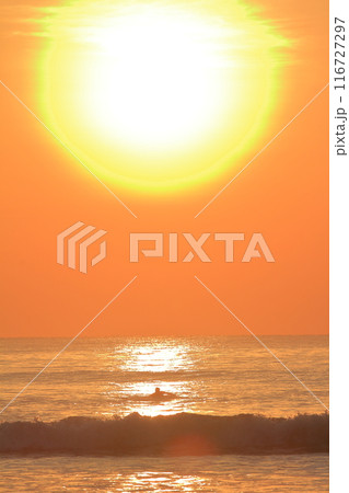 宮崎お倉ヶ浜の大きな朝日に向かってパドリングをするサーファー 116727297