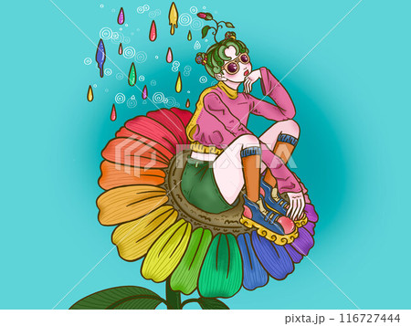 レインボーなお花と女の子　水色背景 116727444