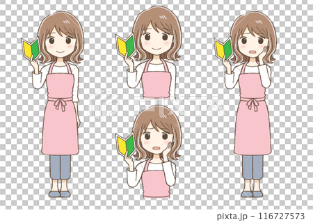 A woman wearing an apron holding a green leaf mark (2 expressions: smiling, troubled) 116727573
