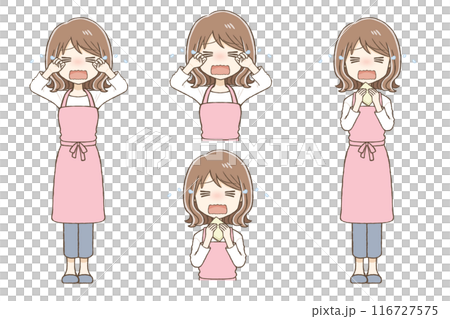 エプロンを着た女性が大泣きしている(ポーズ2種) エプロンを着た女性が大泣きしている(ポーズ2種) 116727575
