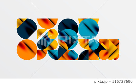 Color beautiful circles, semi circles, squares and round triangles. Geometric mosaic style pattern abstract background for wallpaper, banner, backdrop, card, book Illustration, landing page 116727690