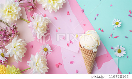 Scoops of ice cream in a waffle cones on a colorful background Scoops of ice cream in a waffle cones on a colorful background 116728165