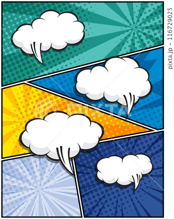 comic speech bubbles in white clouds on a vibrant pop art background 116729025