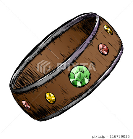 An old wooden ring with a metal rim and several faceted gemstones in green red and yellow. Vector illustration drawing of an ancient ring in sketch style with torn edges of the black outline drawn by 116729036