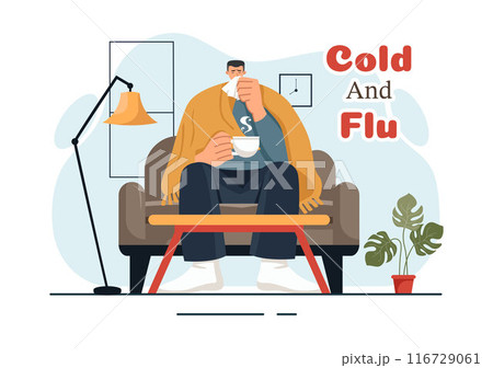 Vector Illustration of Sick People with Flu and Cold Wearing Thick Clothes, Hand Drawn in a Flat Cartoon Style for Healthcare Purposes on a Background Vector Illustration of Sick People with Flu and Cold Wearing Thick Clothes, Hand Drawn in a Flat Cartoon Style for Healthcare Purposes on a Background 116729061