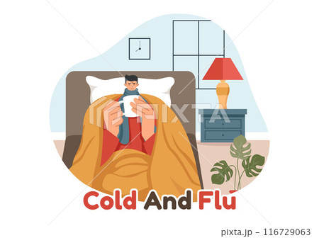 Vector Illustration of Sick People with Flu and Cold Wearing Thick Clothes, Hand Drawn in a Flat Cartoon Style for Healthcare Purposes on a Background Vector Illustration of Sick People with Flu and Cold Wearing Thick Clothes, Hand Drawn in a Flat Cartoon Style for Healthcare Purposes on a Background 116729063