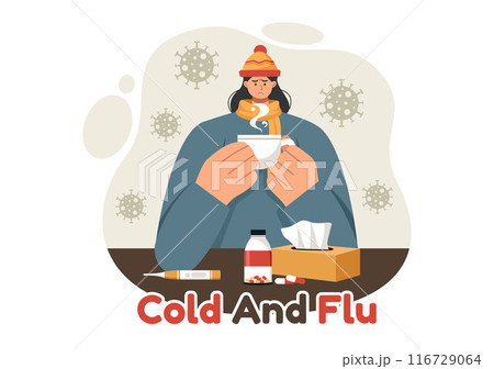 Vector Illustration of Sick People with Flu and Cold Wearing Thick Clothes, Hand Drawn in a Flat Cartoon Style for Healthcare Purposes on a Background 116729064