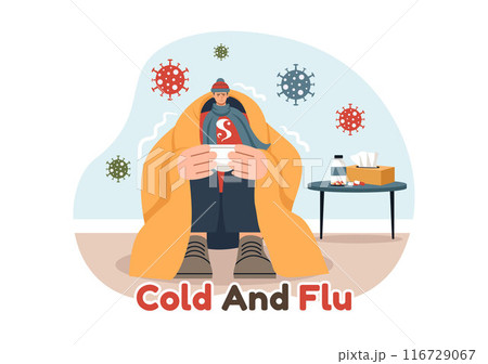Vector Illustration of Sick People with Flu and Cold Wearing Thick Clothes, Hand Drawn in a Flat Cartoon Style for Healthcare Purposes on a Background 116729067