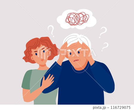 Old man suffer from dementia loss memory. Senior male struggle with Alzheimer disease. Young woman supports him. Flat vector illustration. Old man suffer from dementia loss memory. Senior male struggle with Alzheimer disease. Young woman supports him. Flat vector illustration. 116729075