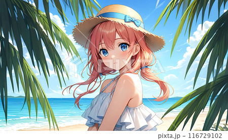 夏、海、ビーチ、アニメ・漫画風の女性・女の子のイラスト素材 夏、海、ビーチ、アニメ・漫画風の女性・女の子のイラスト素材 116729102