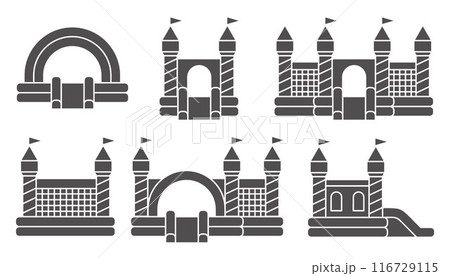 Bouncy castle icons set. Inflatable house pictograms with slide for air trampoline park and children playground. Inflated equipment for amusement park and kids zone. Vector glyph illustration Bouncy castle icons set. Inflatable house pictograms with slide for air trampoline park and children playground. Inflated equipment for amusement park and kids zone. Vector glyph illustration 116729115