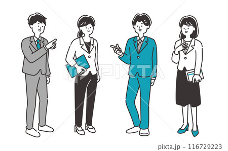 立ってミーティング・会話をするスーツのビジネスパーソン（男女）の全身イラスト素材 116729223
