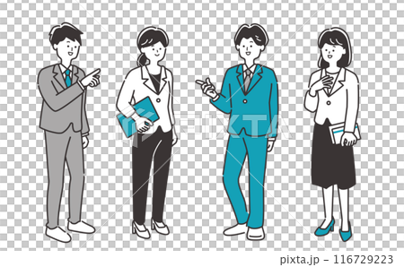 立ってミーティング・会話をするスーツのビジネスパーソン（男女）の全身イラスト素材 116729223