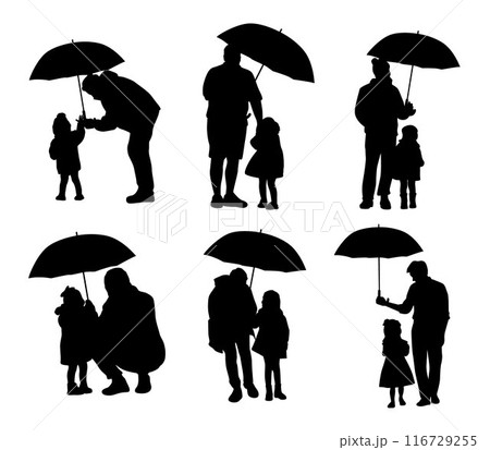 Father and little daughter, father holding an umbrella to cover his daughter silhouette 116729255