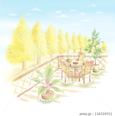 イチョウが見える秋のウッドデッキの風景 イチョウが見える秋のウッドデッキの風景 116729721