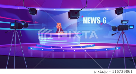 Tv news show studio room with desk for broadcast Tv news show studio room with desk for broadcast 116729861