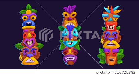 Exotic tiki masks set isolated on black Exotic tiki masks set isolated on black 116729882