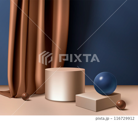 3D cylinder podium on silk cloth background 3D cylinder podium on silk cloth background 116729912