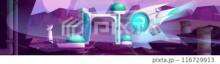 Alien purple planet with astronaut base 116729913