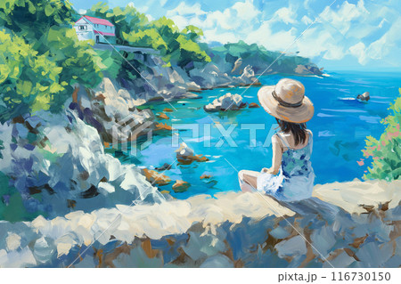 夏の綺麗な海を眺める若い女性のイラスト素材 [116730150] - PIXTA