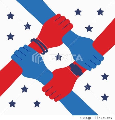 US community illustration. Red and blue four hands holding each other. 116730365