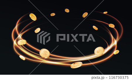 Whirlpool of coins on dark background. Whirlpool of coins on dark background. 116730375