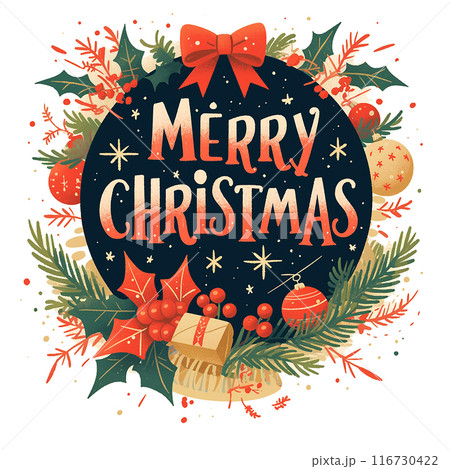 Merry Christmas is written in a fancy font on a wreath of evergreen leaves. The wreath is decorated with stars, berries, and other festive elements. Scene is joyful and celebratory 116730422