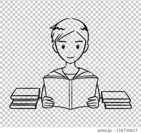 本を読むのが大好きな男の子のイラスト（線画） 116730627