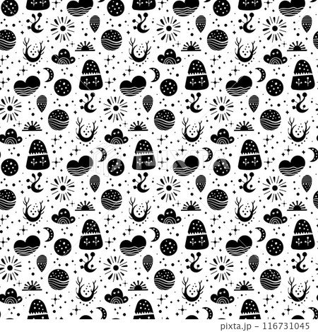 Seamless neo folk art vector pattern with mountains, moon and flowers, black and white floral design. Neo folk style endless background perfect for textile design. 116731045